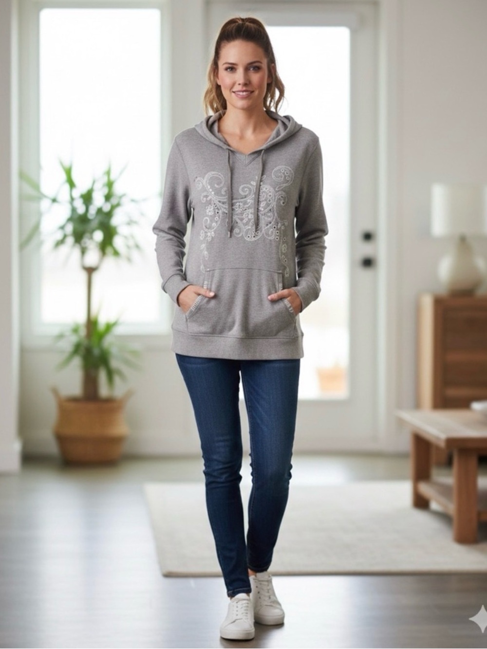 Old Navy Vintage Hoodie 2XL Grey Cream Embroidered Bohemian Y2K Pullover XXL